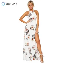 Floral Print Dress Off The Shoulder Slit Maxi Dress 2017Women Summer Chiffon Long Dress Blusas Feminina Sleeveless Slit Vestidos