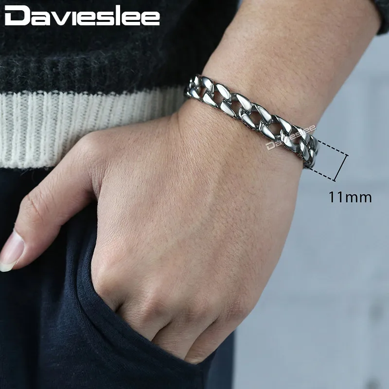 Koop Heren Armband Chain 316L Rvs Curb Cubaanse Kettingen Armbanden voor Mannen Davieslee Mode Groothandel Sieraden 11mm DLHB30