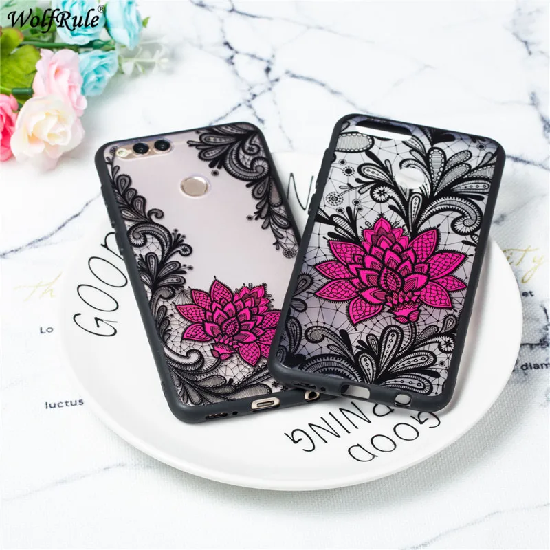 For Cover Huawei Honor 7X Case TPU &amp PC Embossed Lace Rose Bumper Phone Mate SE 5.93'' |