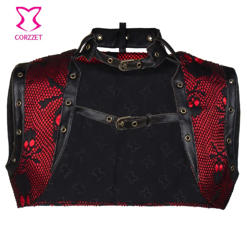 

Red/Black Skull Net Pattern and Faux Leather Steampunk Jacket Bolero Plus Size Gothic Clothing Burlesque Corsets Accessories