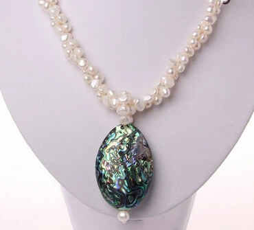 

huij 001987 2strands 8mm baroque white pearl necklace abalone shell pendant