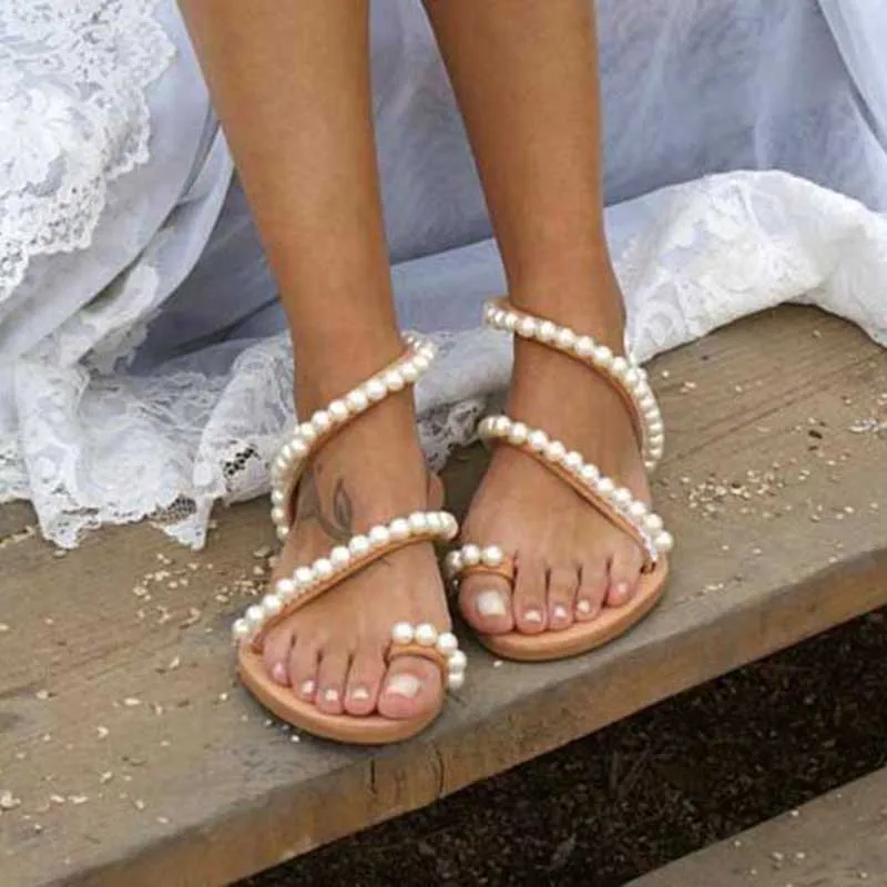 

Adisputent Women Sandals Summer Shoes Flat Pearl Sandals Comfortable String Bead Slippers Women Casual Sandals Size 34 - 43
