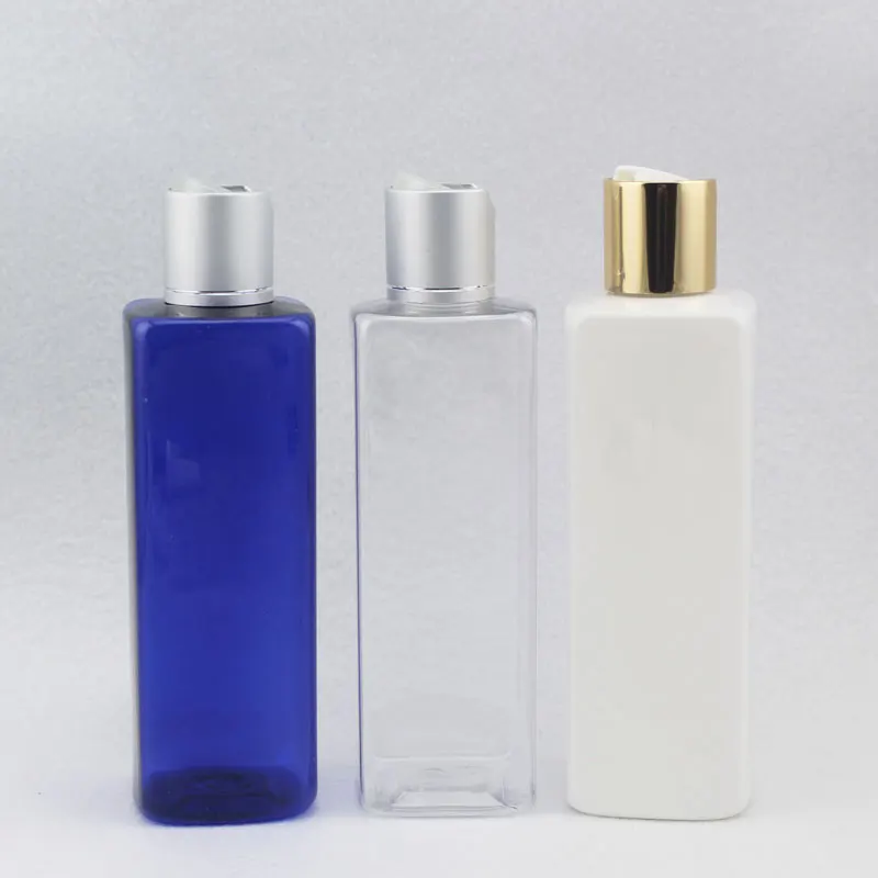 

28 x 250ml Multicolor Square Plastic Empty Cosmetic Packaging Travel Bottles 250cc With Gold Silver Disc Top Cap PET Bottle