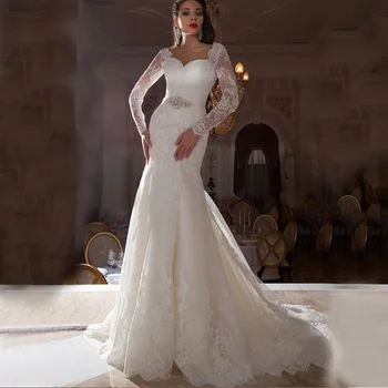 

Bohemian Lace Mermaid Wedding Dress 2019 Long Sleeve Court Train Appliques Sashes Lace-up Bride Dresses Vestido De Noiva Vintage