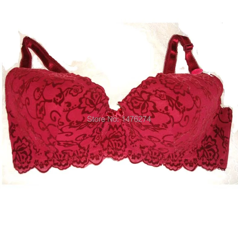 Hot sale 2016 full figured bras red color large cup bras Flocking pattern 38C/40C/42C/38D/40D