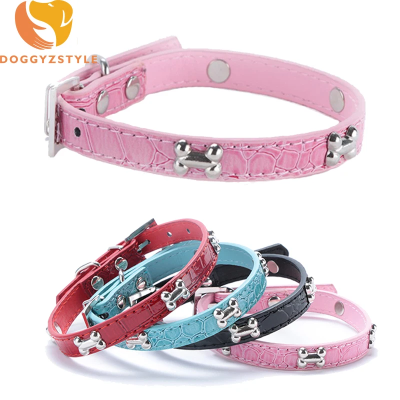 

Croc PU Leather Dog Collar with Bone Studded Charms for Pet Small Dogs Necklace Accessory Pet Supplies Pitbull Terrier Collars