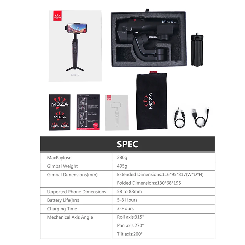  RU Stock Moza Mini-S 3-Axis Phone Gimbal Foldable Stabilizer for iPhone Oneplus 7pro GoPro DJI Osmo
