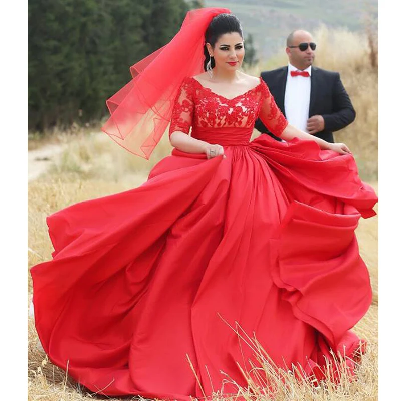 

2020 Plus Size Evening Dresses V Neckline Lace Half Sleeves Long A Line Red Fabric Women Elegant Ceremony Party Dress