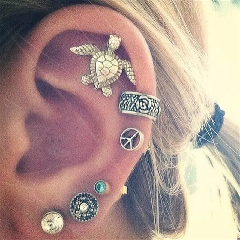 

6pcs/Set Bohemian Retro Punk Silver Shells Turtles Rhinestone Animals Earrings Set Earrings Ear rings for women