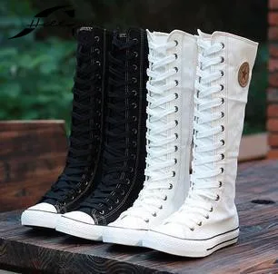 2017 Spring Autumn Fashion font b Women b font Canvas Boots Knee High Shoes Lady Motorcycle