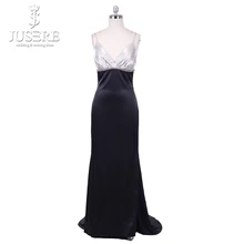 Спагетти ремни v-образный вырез складки открытая спина шелковое вечернее платье черное платье для выпускного с коротким шлейфом
