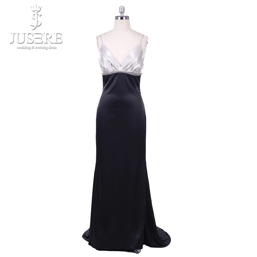

Spaghetti Straps V neckline Pleat Open Back Silk Evening Dress Black Prom Dress with Sweep Train in Stock
