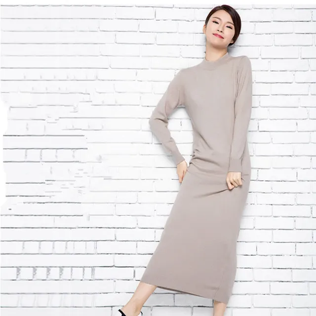 2018 Solid Color Turtleneck Knitted One Piece Wool Sweater Women Long 