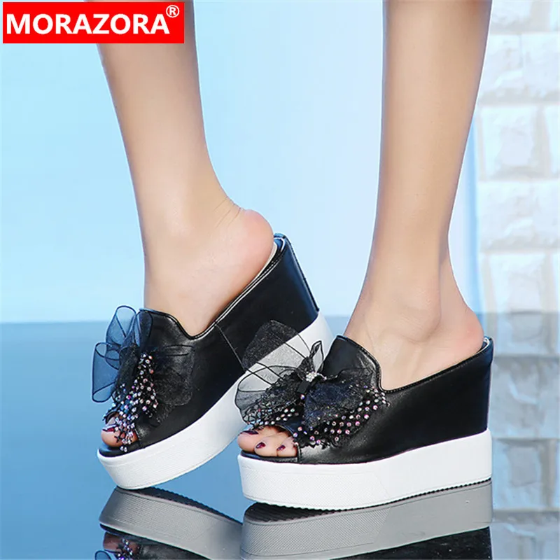 

MORAZORA 2019 newest genuine leather sandals women open toe bowknot summer sandals wedges platform party shoes woman slipper