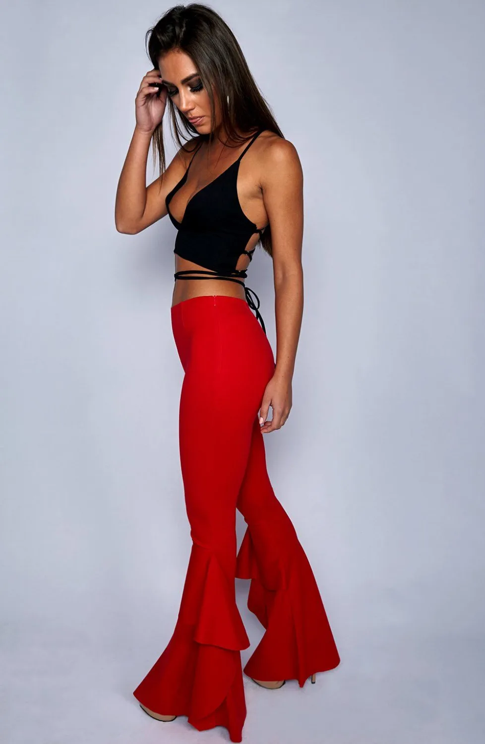 red flare pants with ruffles
