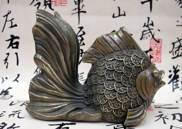 

wholesale factory Chinese Folk Feng Shui Bronze Copper carving Auspicious Fu word Goldfish Statue