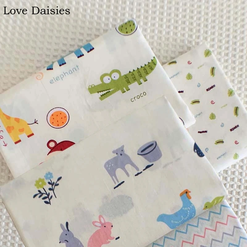 

100% Cotton Twill WHITE Cartoon Livestock Grassland Forest Animals Color Chevron Wave Fabric for Handwork Kid Bedding Sheet Tent