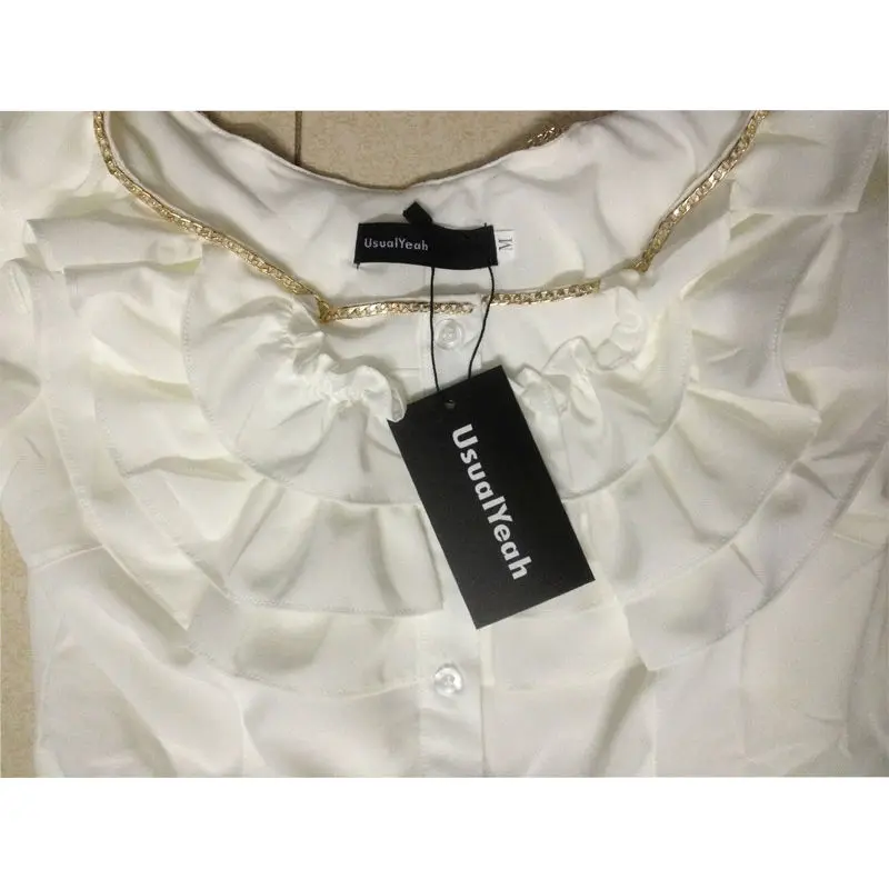 New  Women Fashion OL short Sleeve Solid Round Neck Ruffles Blouse Body Shirt metal chains design S-M-L-XL SY0201 6