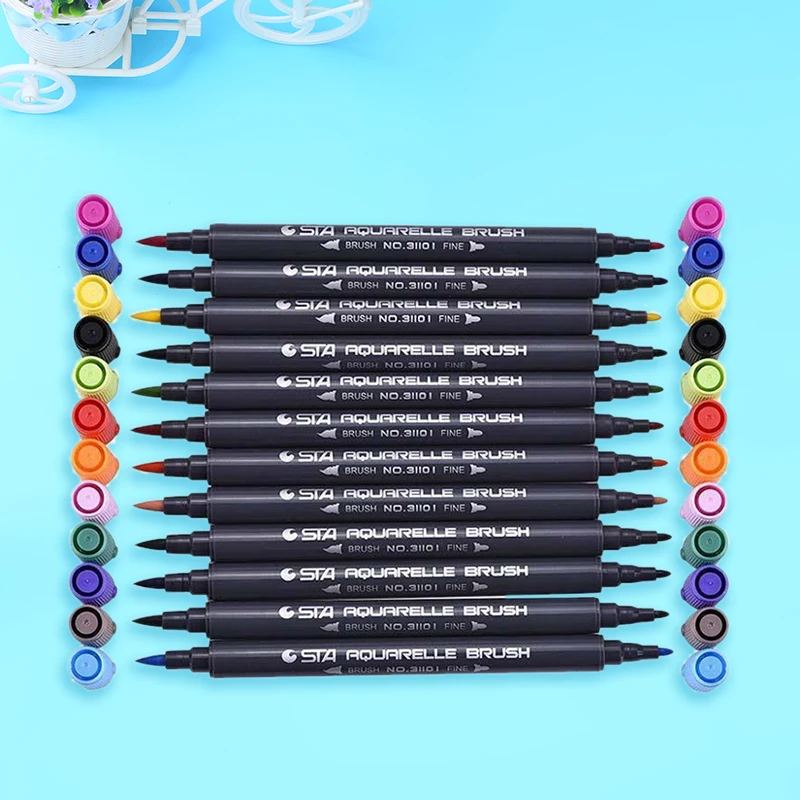 

12 Color New Watercolor Art Dual Tip Pen Sketch Coloring Book Painting