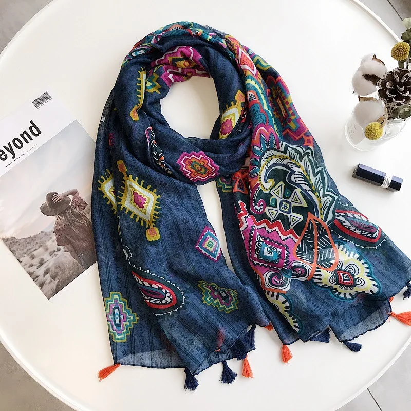 

Ladies Fashion Navy Blue Cashew Floral Tassel Viscose Shawl Scarf Autumn Ethnic Muffler Headband Foulards Sjaal Wrap Hijab Snood