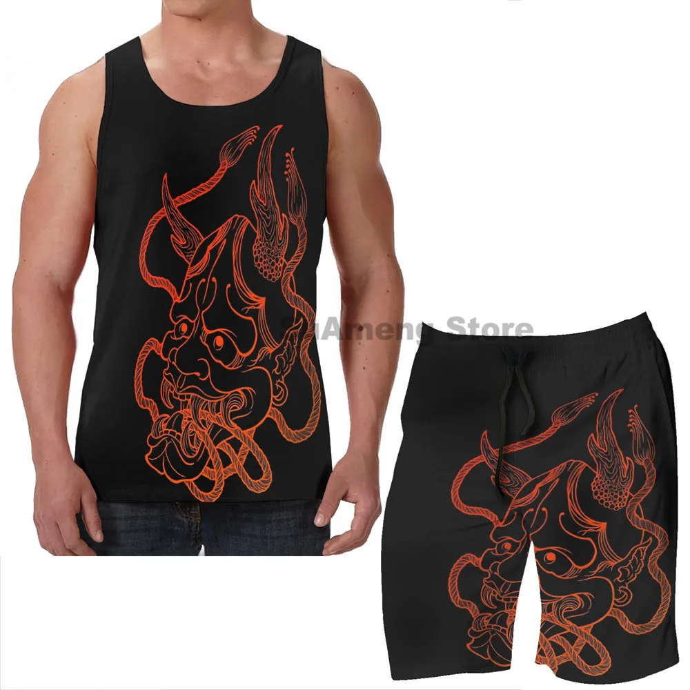 

Summer Casual funny print men Tank Tops Women Hannya Outline men Board beach shorts women sets fitness sleeveless vest