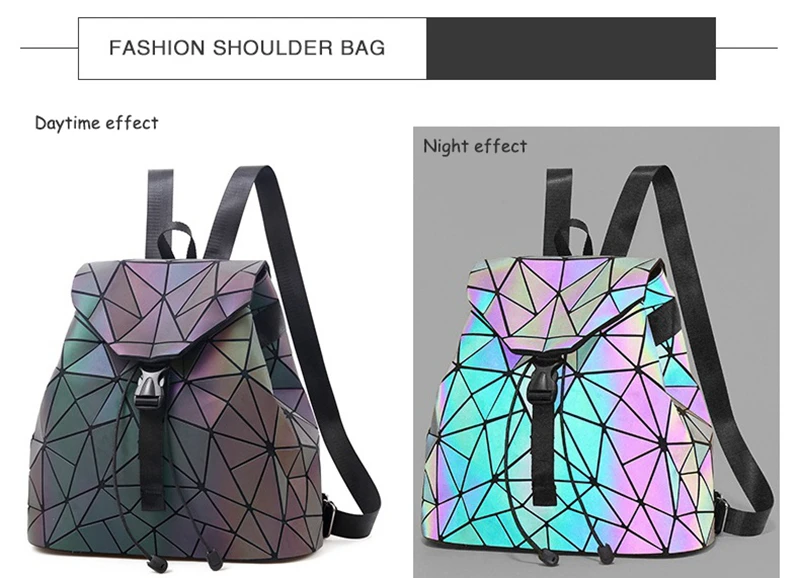 Women Laser Luminous Backpack School Hologram Geometric Fold Student School Bags For Teenage Girls holographic sac a dos (15)