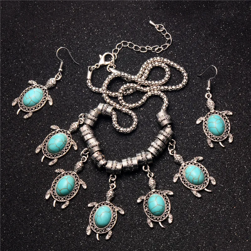 

SHUANGR fashion Bohemian Tibetan Silver Color Tortoise Jewelry Sets Women Rhinestone Blue Stone Necklace Bracelet Earrings Gift