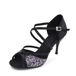 HXYOO 2018 Для женщин Латинская танцевальная обувь Salsa квадратный вечерние Танцы черный, серебристый цвет 8,5 см каблук zapatos Бейл mujer латино WK057