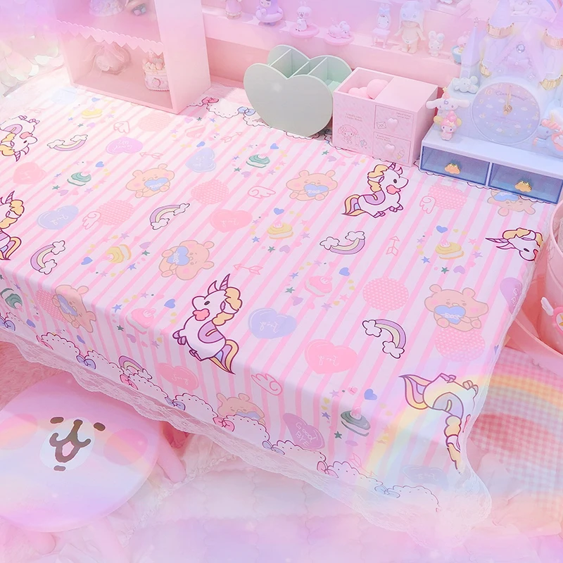 

75x105cm Cartoon Print Unicorn Vertical Stripes Lace Table Cloth Girl Computer Mouse Pad Tablecloth Children's Gift Room Decor