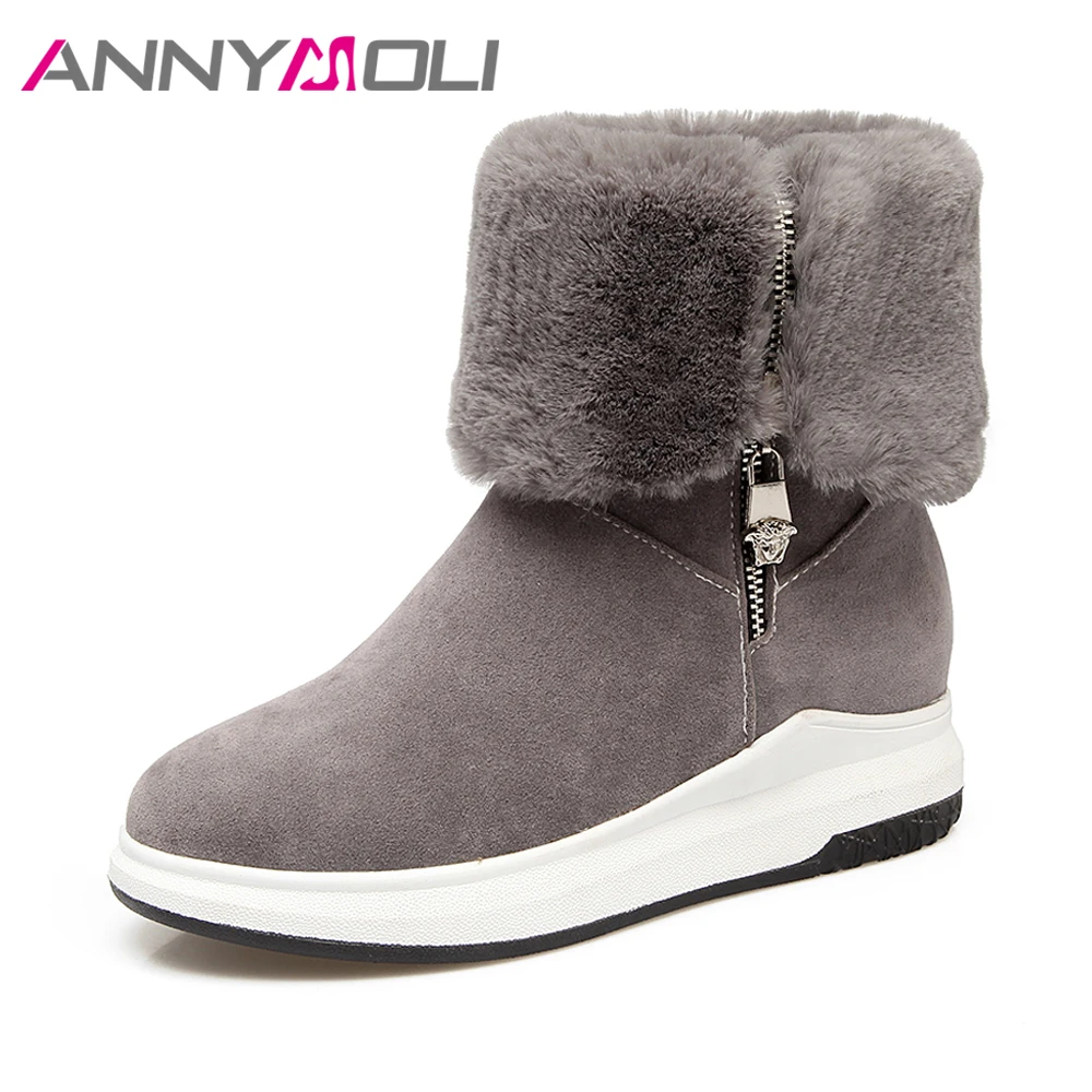 

ANNYMOLI Snow Boots Women Fur Winter Boots Platform Wedges Mid-Calf Boots Med Heel Zipper Warm Shoes 2017 Gray Green Big Size 44