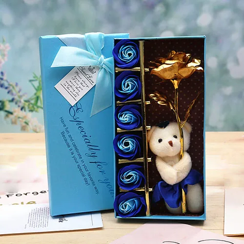 YO CHO искусственные цветы, 13 шт., розы, Подарочная коробка, искусственное мыло, золотая, красная роза, искусственные цветы на День святого Валентина, День рождения, свадьбу - Цвет: Blue gold Bear