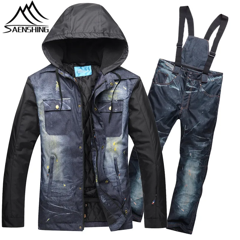 

SAENSHING Ski Suit Men Winter Mountain Skiing Suit Thicken Warm Waterproof Denim Ski Jacket Pants Outdoor Snowboarding Suits XXL