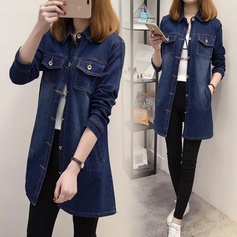 Denim Manteau La Moyen Vêtements Blue De Coupe Mode Stretch Femelle Taille Long 2019 vent Poche Veste Femmes Plus Printemps Odfvebx wPqtBYX