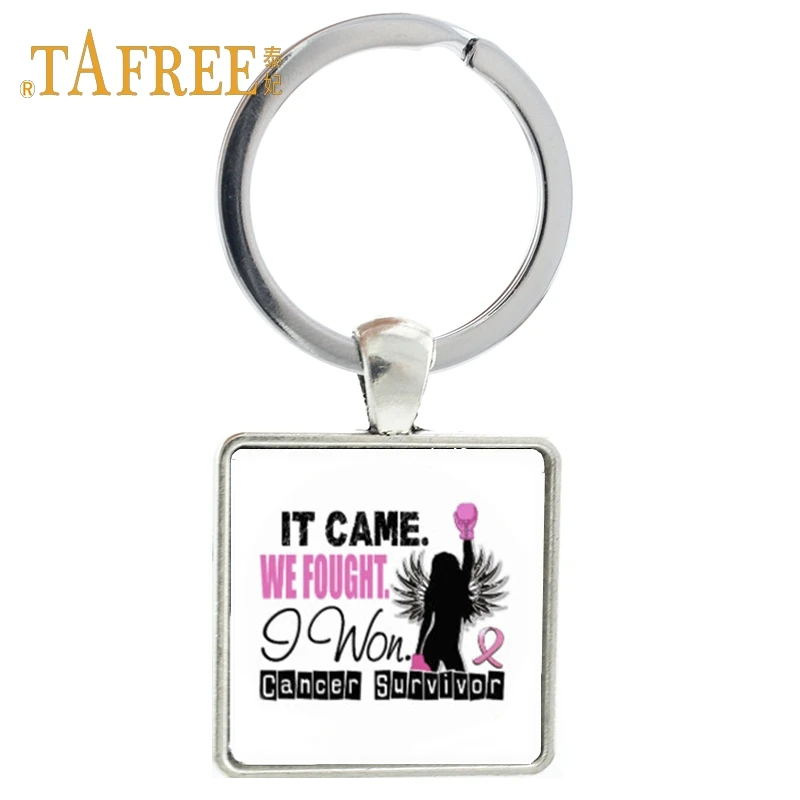 

TAFREE Care for Breast Cancer October Key Chain Cherish Health and Life Alloy keychain Glass Square Key Ring Jewelry CC35