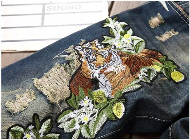 Mcikkny Men's Ripped Patchwork Jeans Slim Fit Straight Tiger Embroidered Denim Jeans Trousers Male Distressed Pants 