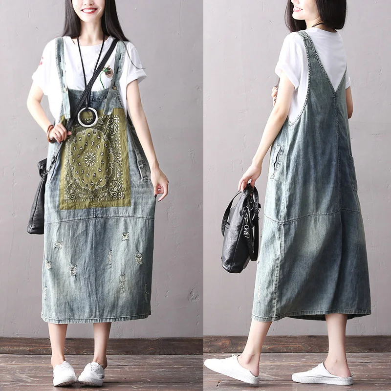 

2018 female new summer casual vintage worn-out stitching ethnic printed patch-cutted mid-length loose denim dress