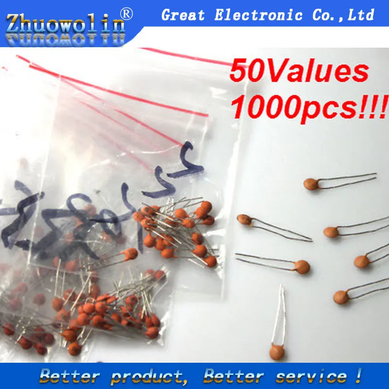 (1pf 100nf) 1000pcs/Set 50value 50V Ceramic Capacitor Assorted kit Assortment Set CGKCH018