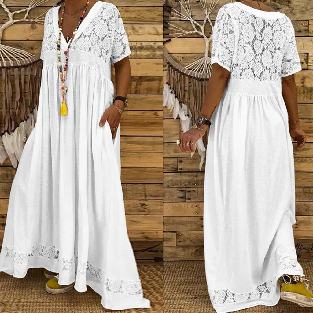 

Womens Solid V-Neck Summer White Dress Bohemian Off Shoulder Short Sleeve Party Bodycon Lace Long Dress robe blanche femme