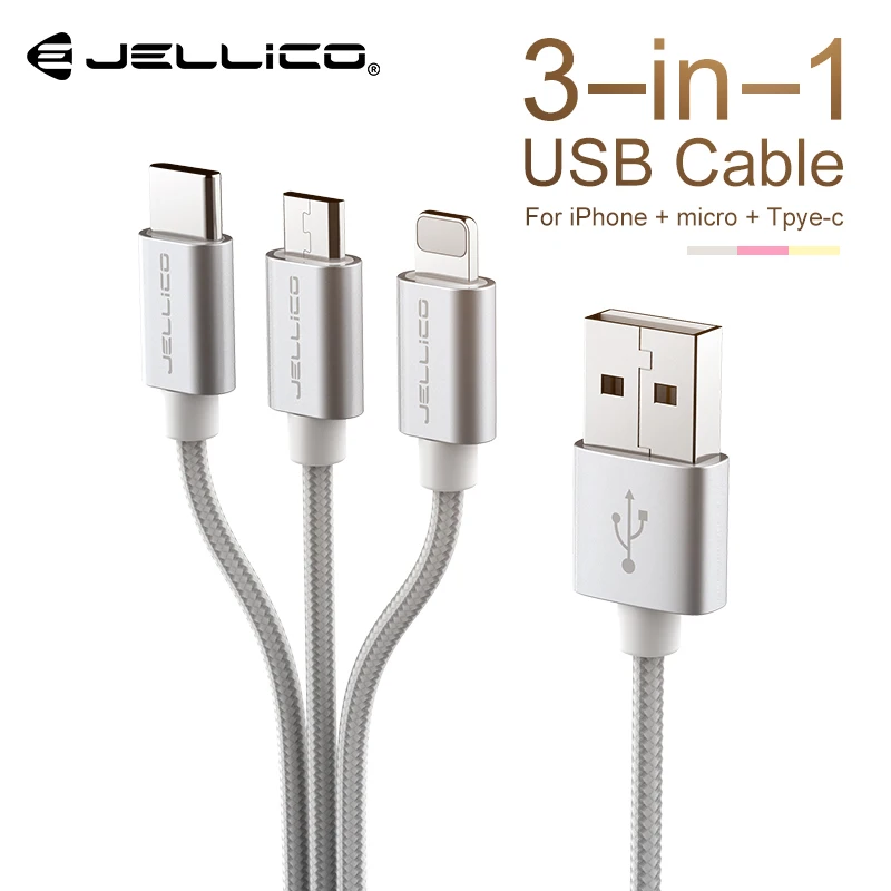 Jellico 3 في 1 كابل يو اس بي ل فون شحن سريع كابل للأندرويد المصغّر usb نوع C نوع-c 3in1 كابلات الهاتف المحمول كابل شاحن