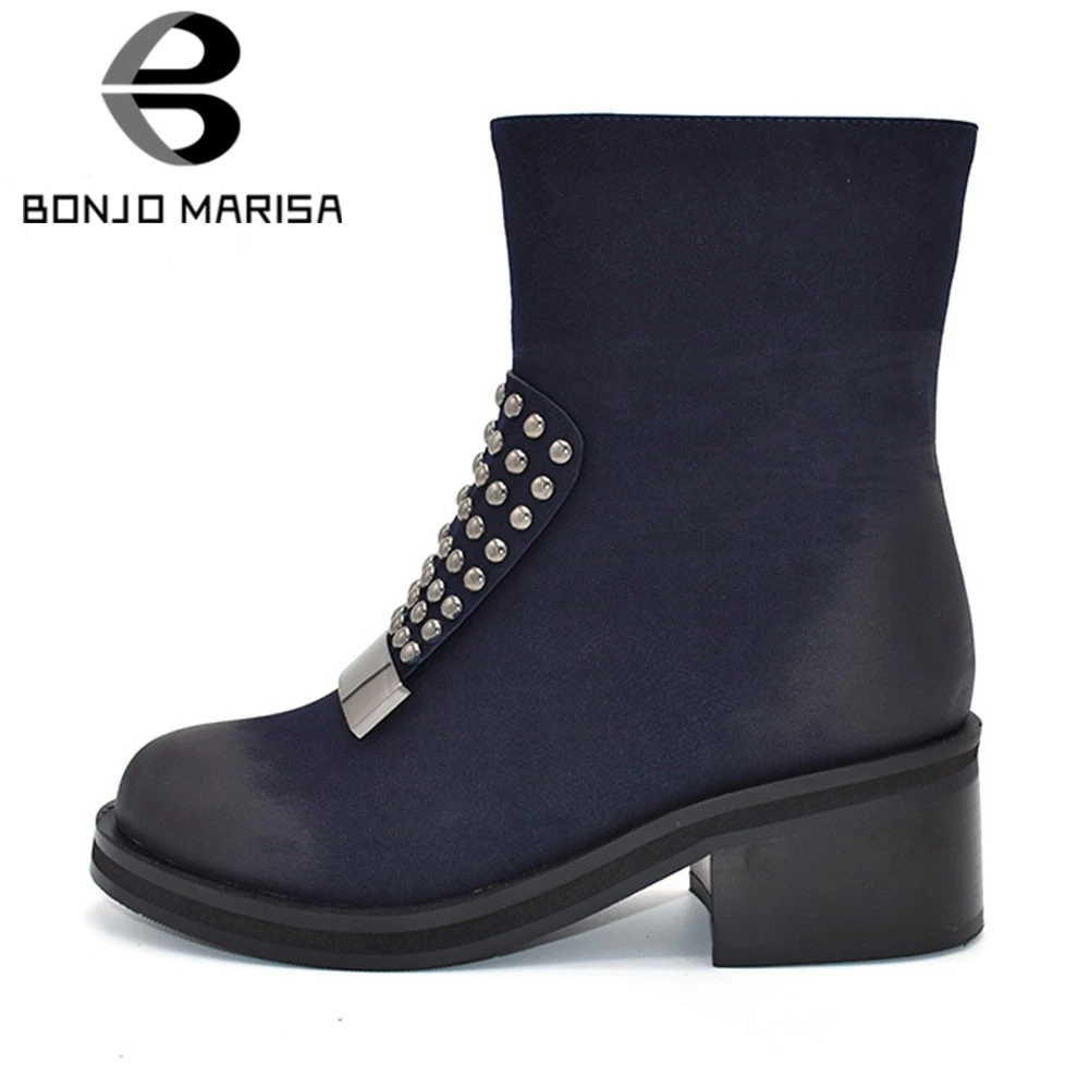 

BONJOMARISA New Fashion Solid Metal Decoration Zip Square Med Heels Shoes Woman Casual women's Winter Ankle Boots Big Size 35-42