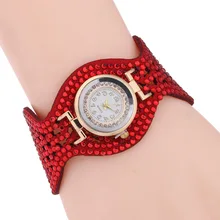 Mulheres da moda Pulseira de Relógio de Couro Genuíno relógio de Pulso de Quartzo Pulseira Vestido Relógios Das Mulheres de Luxo Rhinstone Relojes Mujer Presente