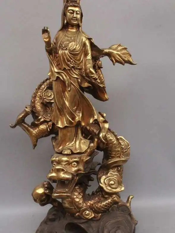 

25"Chinese Buddhism Bronze Stand Kwan-yin Guan Yin Goddess subdue Dragon Statue