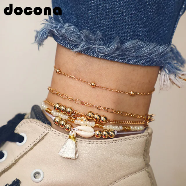 

Docona Bohemia Tassel Shell Pendant Anklet for Women Gold Beads Chain Adjustable Anklet Bracelet Foot Jewelry Pulseras 6785