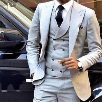 Tanie Jasnoszary Wykonane Na Zamówienie Mężczyzn Garnitur 3 Sztuk (kurtka + Spodnie + Kamizelka + Krawat) Custom Made Groom Smokingi Oblubieniec Moda Marynarka Dla Człowieka