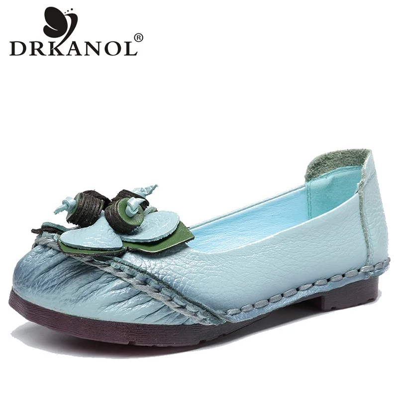 

DRKANOL New Handmade Real Cow Leather Women Flat Shoes Vintage Style Loafers Women Moccasins Flowers Slip On Women Casual Shoes