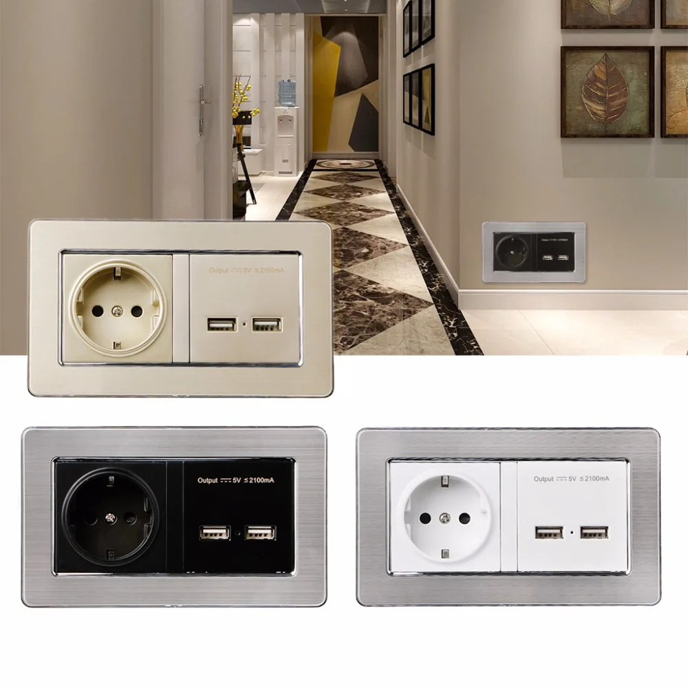 

EU Standard Power Socket With Dual USB Charging Port Mobile 5V 2.1A Output