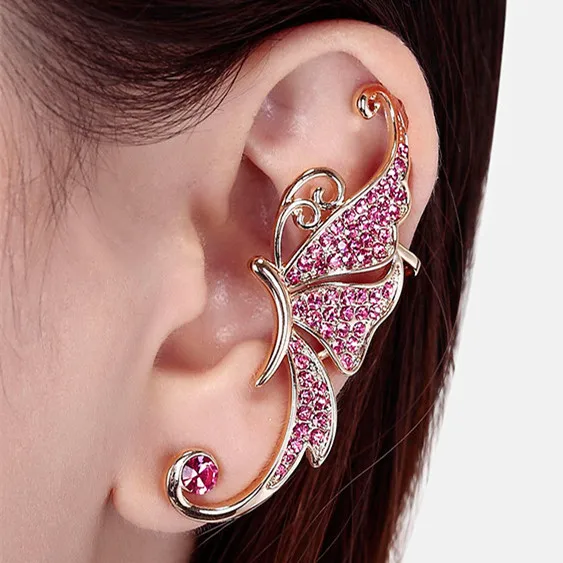 

Fashion Ear Clip Rhinestone Crystal Pink White Butterfly Ear Cuff Clip Cartilage Ear Cuff Earring Accessory ER760