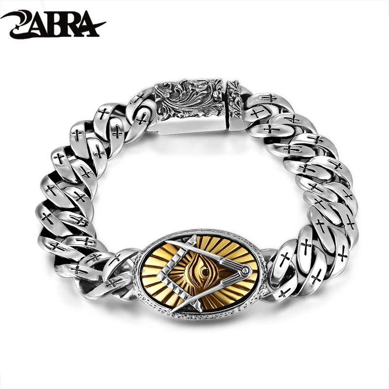 ZABRA Genuine 925 Silver Eye Of Horus Men Bracelet Punk Rock Gold Vintage Flower Cross Sterling