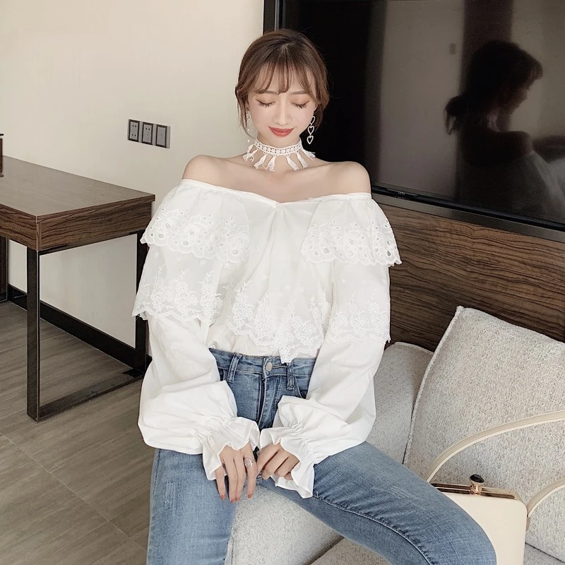 HziriP 2019 الكورية شيك أعلى جديد أنيقة الأبيض الطازجة فانوس الأكمام خمر الخامس الرقبة الأزياء الصلبة قميص مكتب سيدة النساء قميص
