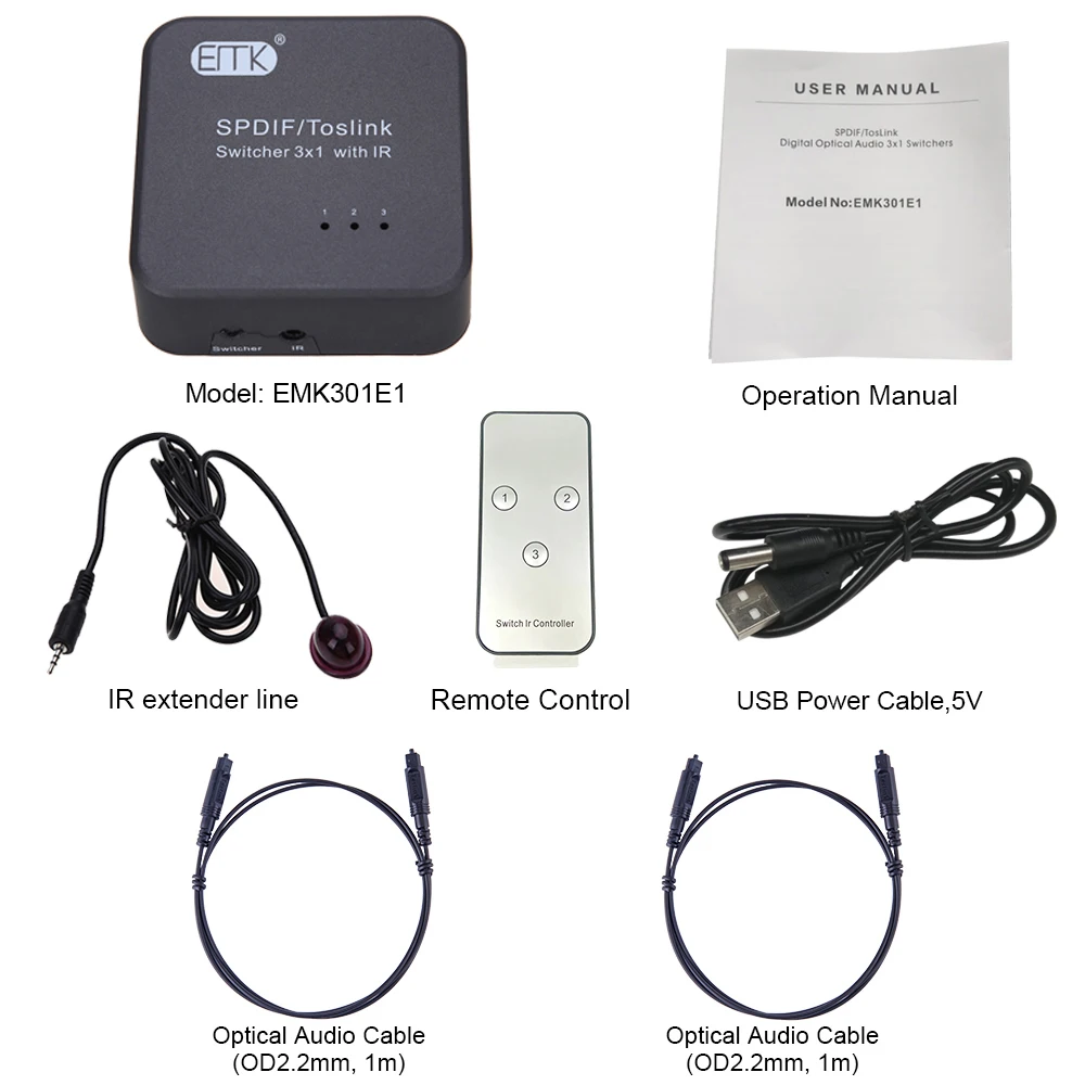 EMK Digital SPDIF Toslink Optical Audio Cable Switch 3x1 with IR Remote Controller Support 5.1 Bidirectional Manual Switcher (2)